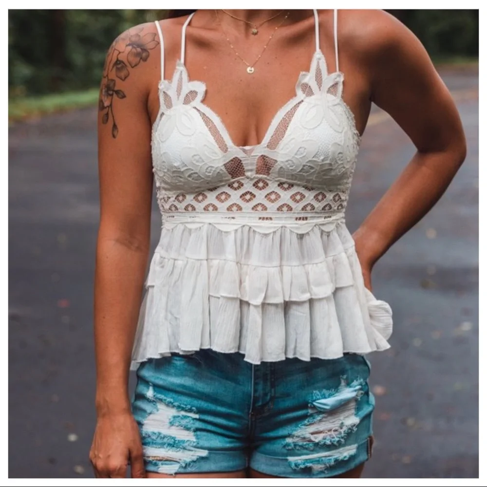 Boho Ivory Lace Crochet Peplum Top - Picture 2 of 5